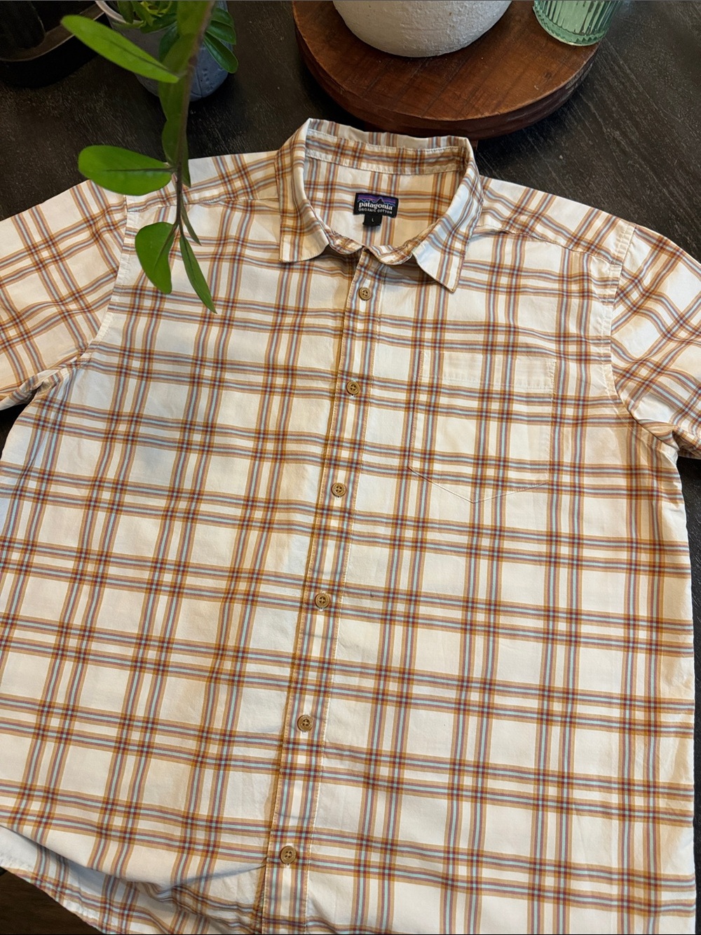 Patagonia Cream & Brown Plaid Short-Sleeve Button-Up Shirt